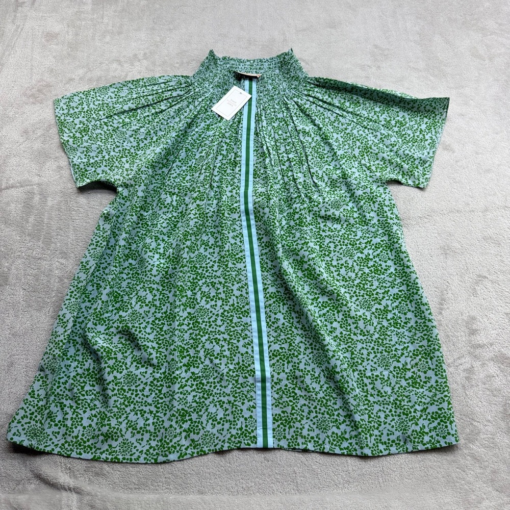 Rungolee Brooklyn Blouse Womens XL Green Amalfi French Floral 100% Silk Smocked